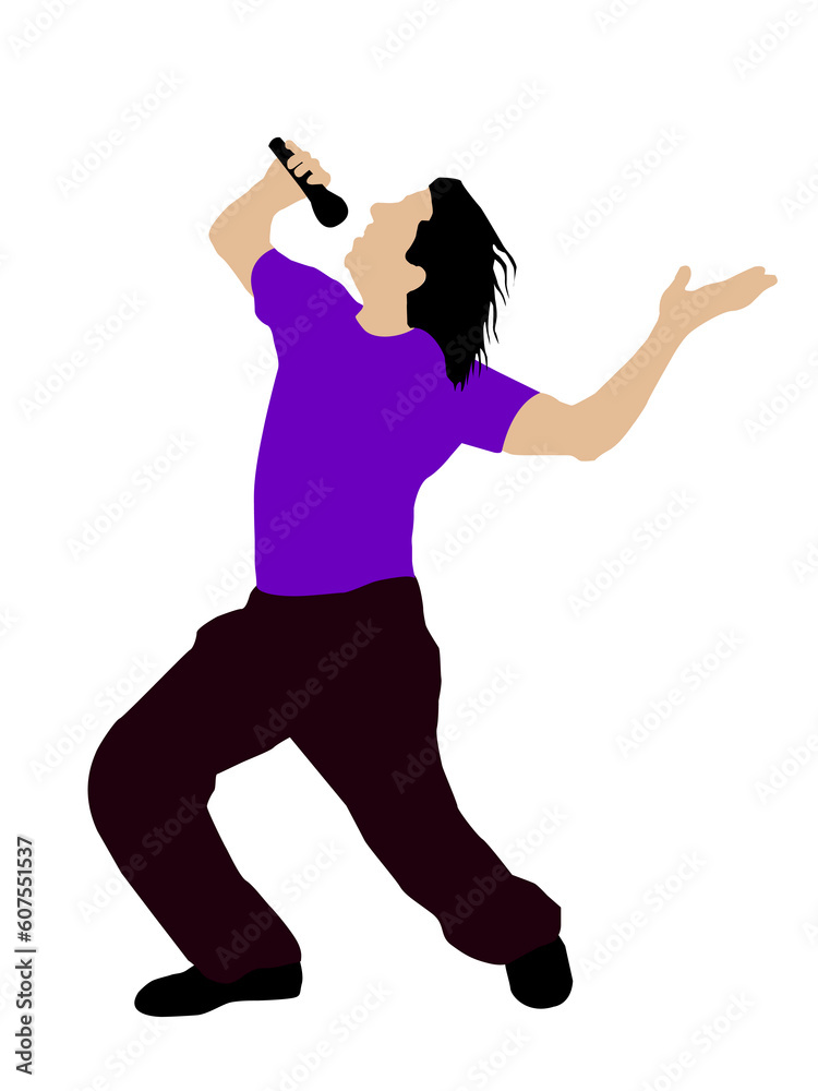 man holding microphone close to mouth on white background