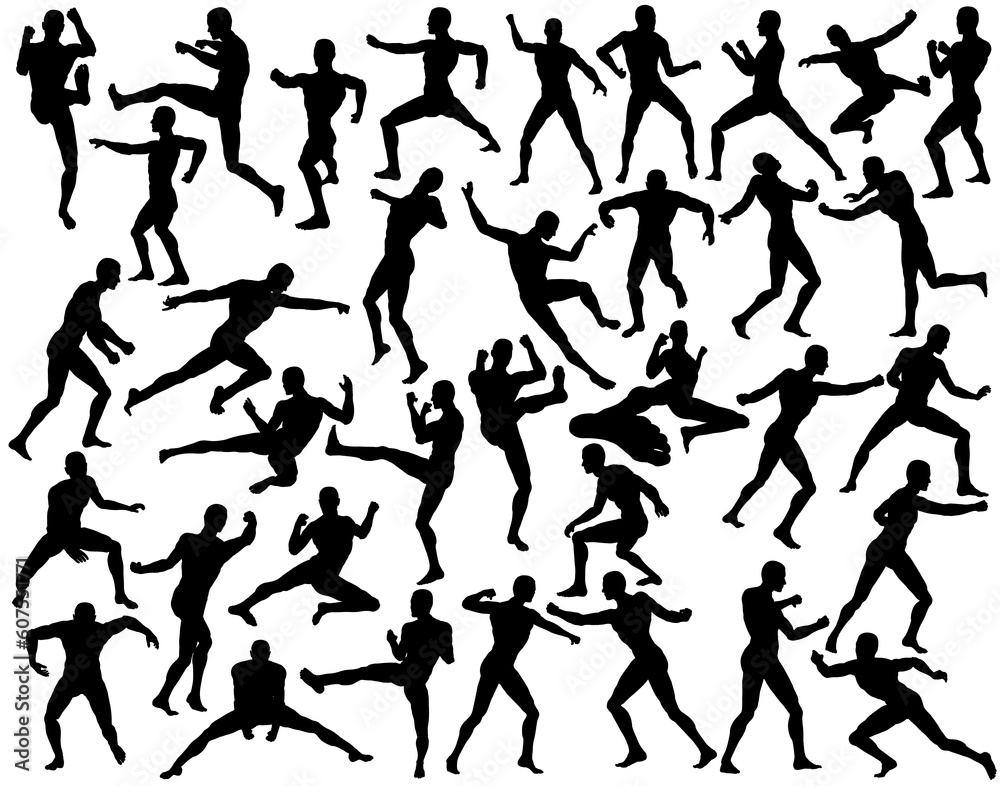 Set of editable vector silhouettes of fighting men Set of editable vector silhouettes of fighting men