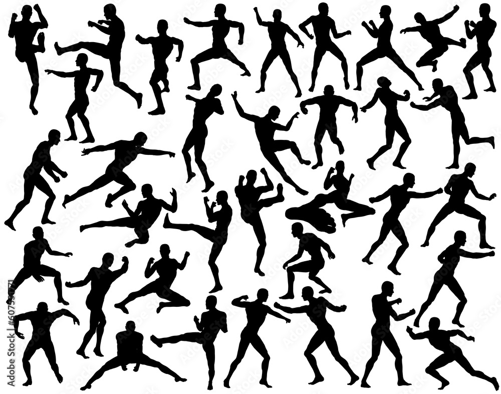 Set of editable vector silhouettes of fighting men