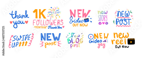 Cartoon Color Different Blog Content Icons or Emblems Set Flat Design Style Include of New Video, Post and Reel. Vector illustration