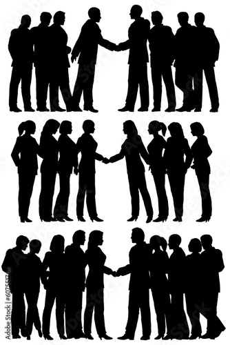 Three sets of editable vector silhouettes of business groups meeting with each person as a separate element