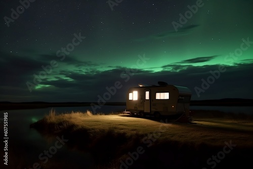 Camper under the night sky | RV | Northern Lights | Camping by a lake | Created with Generative AI