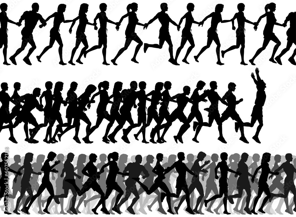 Three editable vector foregrounds of people running with all figures as separate elements
