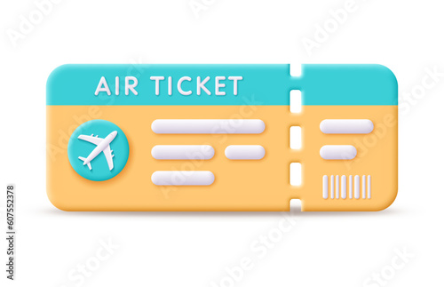 3d air ticket vector icon. Render boarding pass for summer holiday, tourism, booking and time to travel concept. 3d rendering passenger airline ticket cartoon illustration