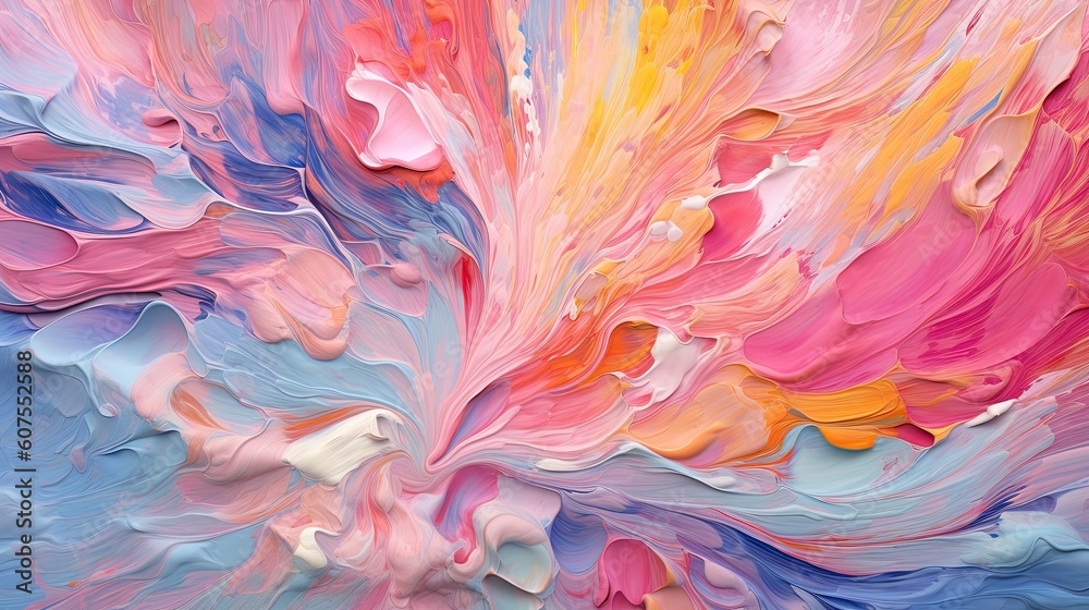 A mesmerizing wallpaper depicting a mix of vibrant acrylic paints blending and intertwining in a fluid dance of colors. The high level of detail captures the intricate patterns. Generative AI. 