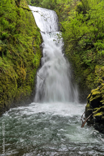 Bridal Veil Falls - A vertical full view of roaring Bridal Veil Falls on a stormy Spring day. Columbia River Gorge  Oregon  USA.