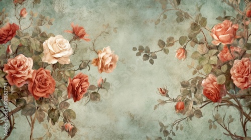 Fototapeta samoprzylepna Vintage background with a cluster of roses in the top of left a right site. Floral magic wallpaper texture, card, voucher, enchanting decorative illustration. Generative AI. 