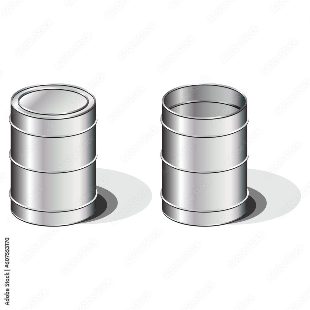 Open and closed metallic barrels over white background
