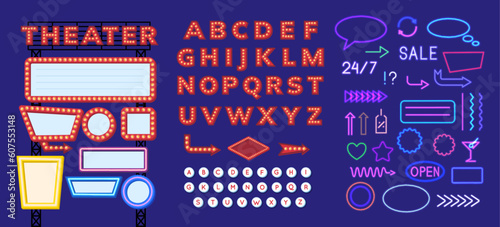 Cartoon Color Retro Signboard Creator Elements Set Concept Flat Design Style Include of Neon Signs and Font. Vector illustration