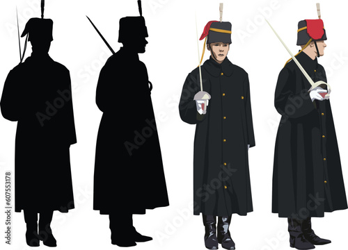Royal Guard with sword. Vector illustration and silhouette