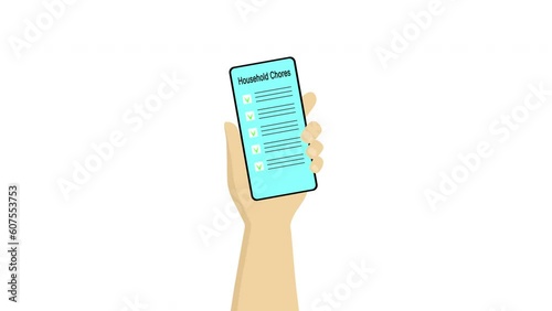 Person holding a cell phone in her hand and making a note on a list on the display. A list of household chores on the phone screen. A mobile app to help with household chores.