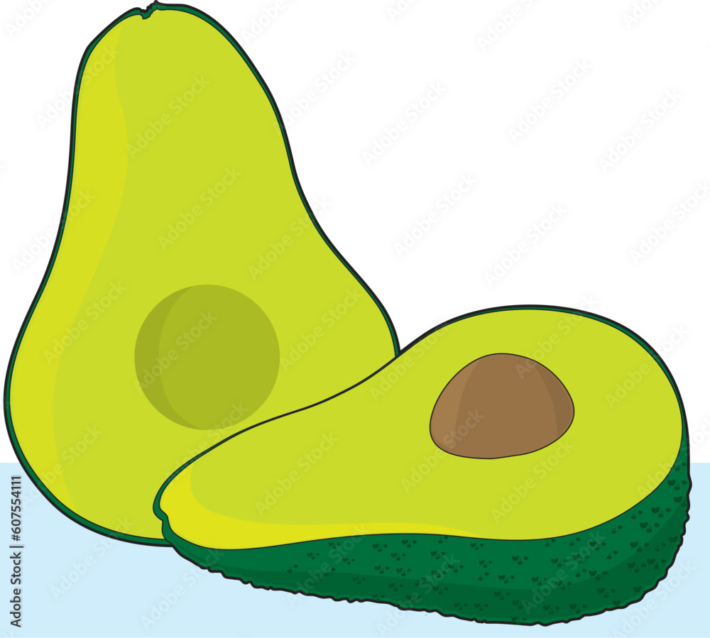 A single avocado cut in half with a pit in one of the halves A single avocado cut in half with a pit in one of the halves