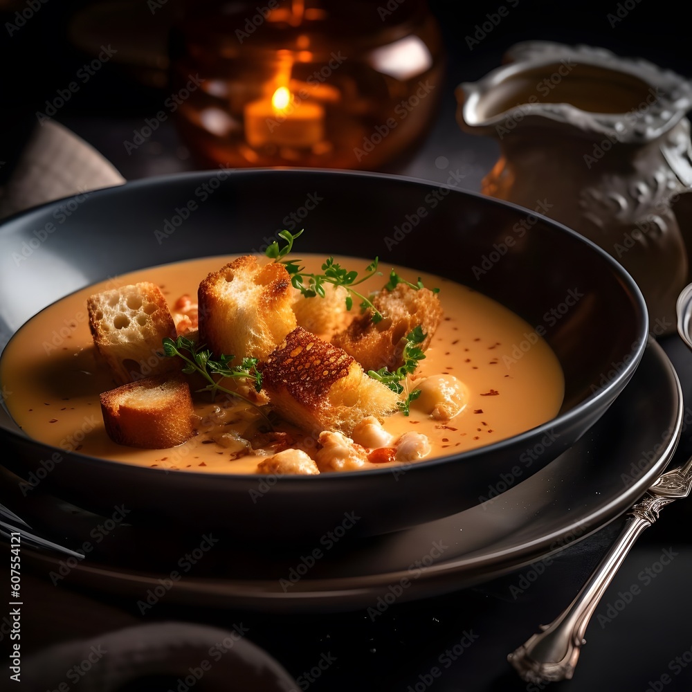 A Rich and Velvety Plate of Lobster Bisque with Croutons