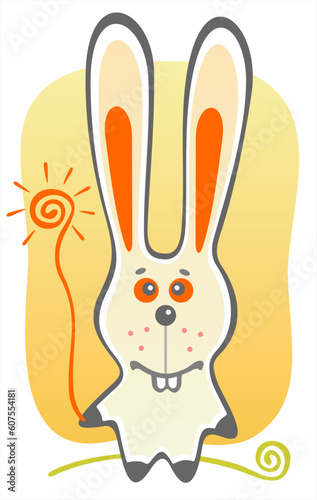 Cheerful rabbit with sun on a yellow background.