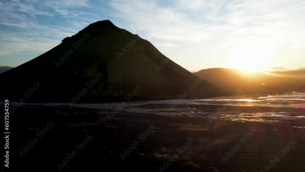 Aerial view of Maelifell mountain at sunset with valley landscape, Iceland. Aerial view of Maelifell mountain at sunset with valley landscape, Iceland.