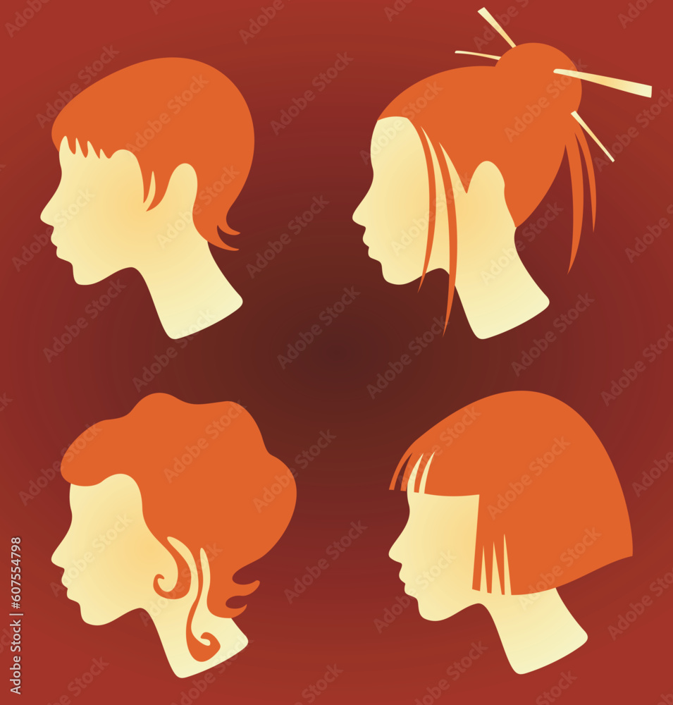 Four female heads with red hair and different hairdresses - short, long, classical and japanese.