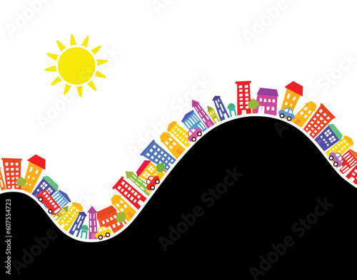 Editable vector illustration of colorful buildings with copy-space