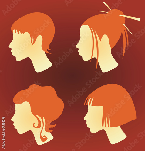 Four female heads with red hair and different hairdresses - short, long, classical and japanese. photo