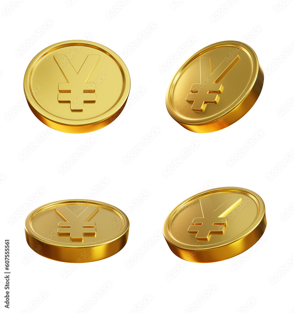 Set of golden yen coins 3d render isolated on transparent background, png Set of golden yen coins 3d render isolated on transparent background, png