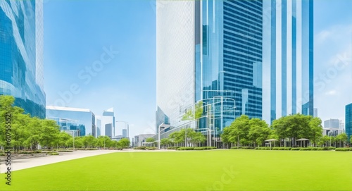 Outdoor image in front of modern office buildings in central business district, generative ai