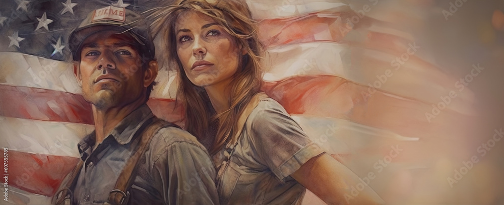 Woman and man workers, painted in watercolor on the background of the American flag, with copy space for text, the idea of a banner or postcard for Labor Day, Generative AI
