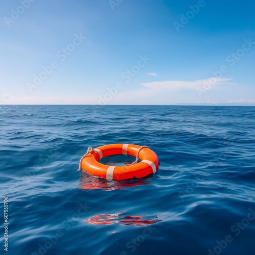 SOS life buoy in the middle of the ocean for rescue concept (wide banner with copy space), generative AI