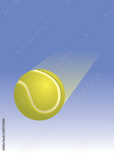 A yellow tennis ball traveling traveling across a blue sky background.