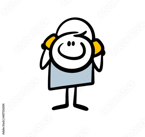 Young student listens to music with headphones, learns the language online. Vector illustration of a satisfied stickman.