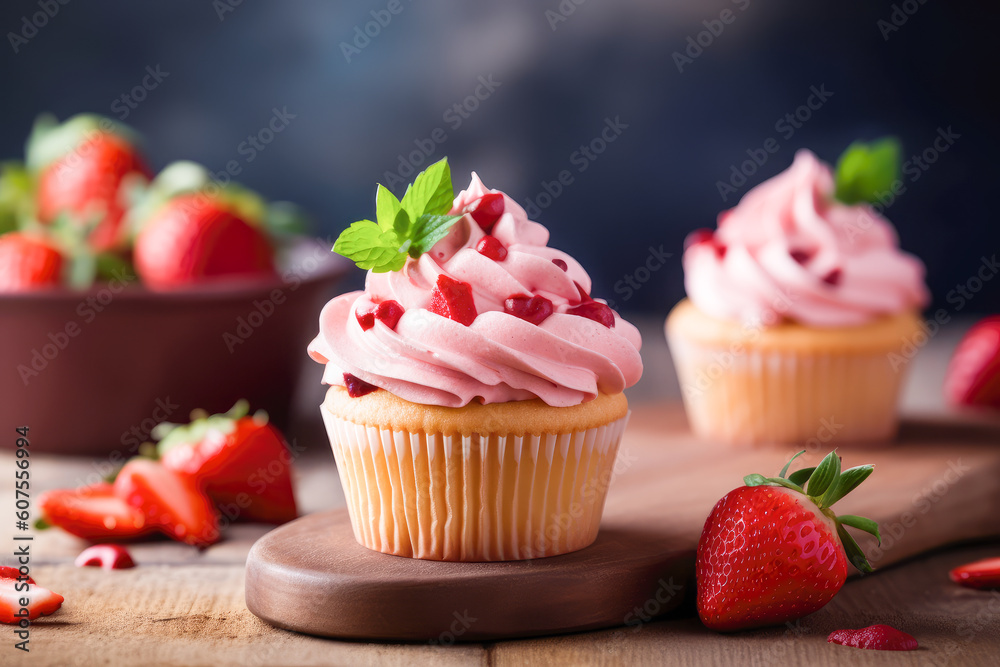 Delicious cupcakes with strawberry cream and strawberries. Generative AI.
