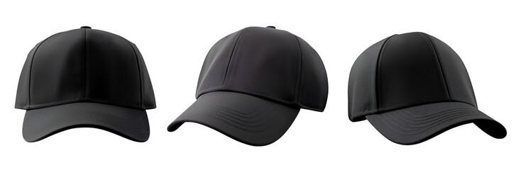 Set of black front and side view hat baseball cap on transparent background cutout, PNG file. Mockup template for artwork graphic design