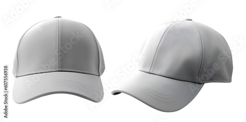 Set of grey front and side view hat baseball cap on transparent background cutout, PNG file. Mockup template for artwork graphic design