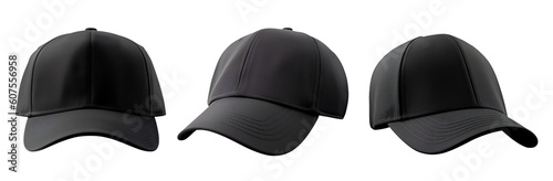 Obraz na plátně Set of black front and side view hat baseball cap on transparent background cutout, PNG file