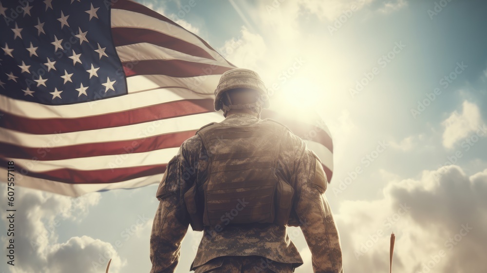 An American soldier with an American flag looks into the distance in clear weather, on Memorial Day or July 4, Memorial Day. generative ai An American soldier with an American flag looks into the distance in clear weather, on Memorial Day or July 4, Memorial Day. generative ai