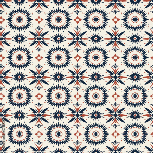Boho hand drawn modern tribal pattern, beige, navy and rust. Trendy bohemian print. Native motifs, modern abstract geometric style. Digital graphic design. Seamless pattern vector.