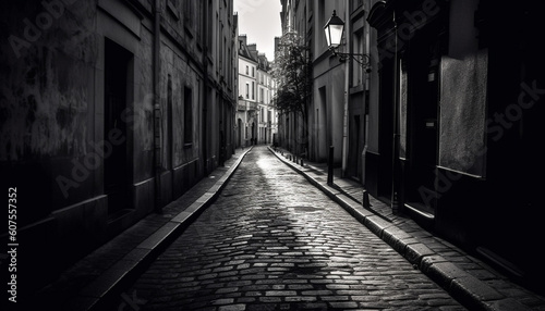 Medieval arches line empty cobblestone street at dusk generated by AI © Jeronimo Ramos