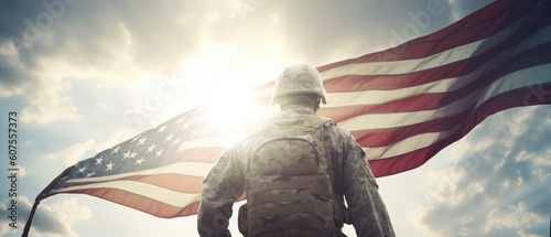 Wallpaper Mural An American soldier with an American flag looks into the distance in clear weather, on Memorial Day or July 4, Memorial Day. generative ai Torontodigital.ca