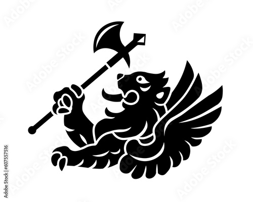 Heraldic lion with axe. Symbol, sign, icon, silhouette, tattoo. Black. Isolated vector illustration.