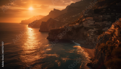 Majestic sunset over tranquil waters and cliffs generated by AI
