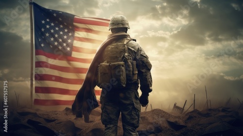 Wallpaper Mural An American soldier with an American flag looks into the distance in clear weather, on Memorial Day or July 4, Memorial Day. generative ai Torontodigital.ca