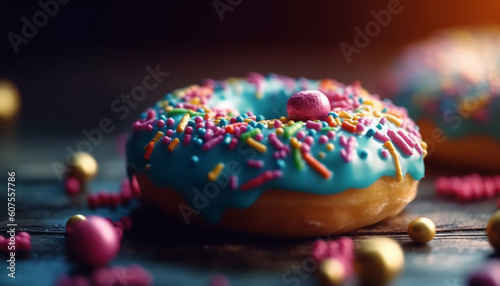 Indulgent baked donuts with chocolate icing decoration generated by AI
