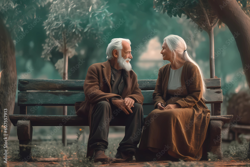 Old Man and Old Woman sitting together on a bench still in love after so many years (Generative AI) Old Man and Old Woman sitting together on a bench still in love after so many years (Generative AI)