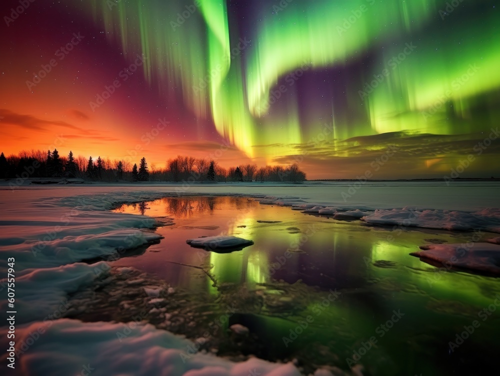 pink and green aurora borealis, morthern lights over ice and snow landscape, generative ai
