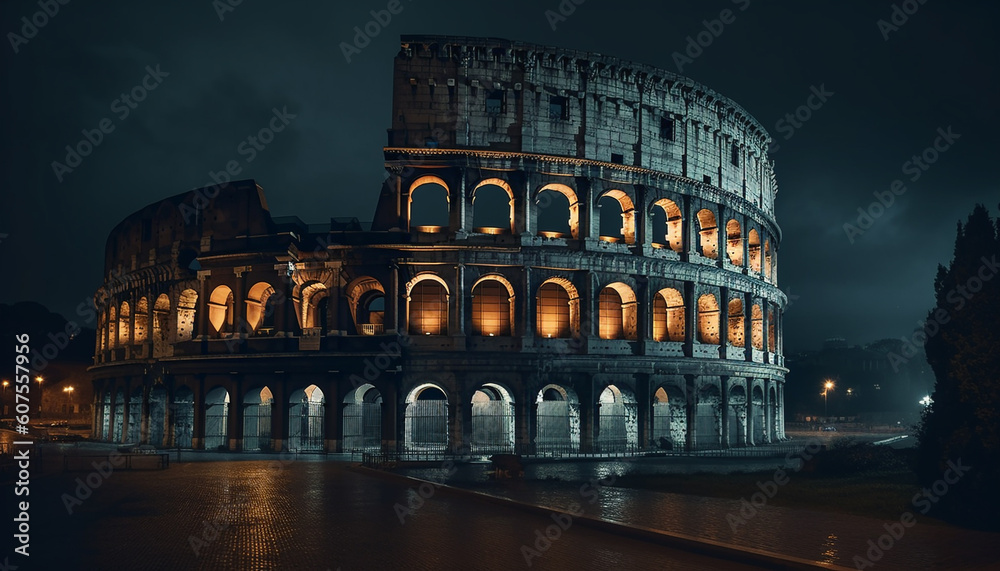 Majestic architecture illuminated at dusk, ancient ruins generated by AI