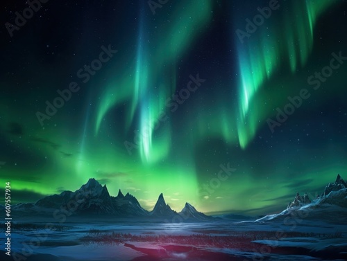 green  aurora borealis, morthern lights over ice and snow landscape, generative ai © Felix