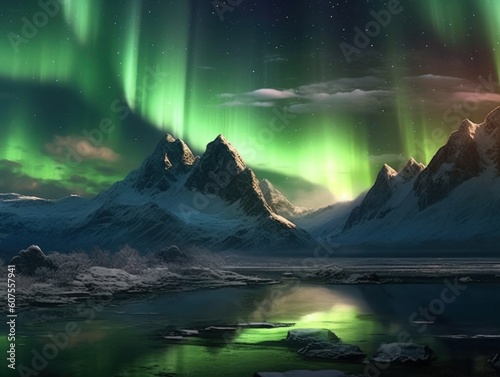 green aurora borealis, morthern lights over ice and snow landscape, generative ai