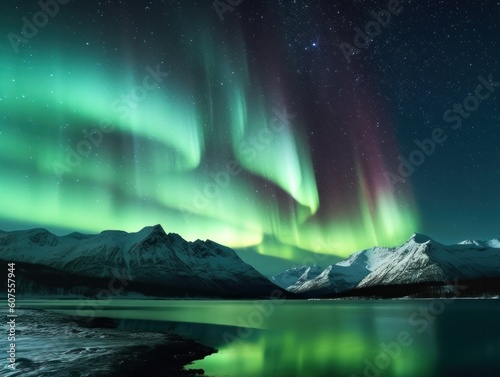 green aurora borealis, morthern lights over ice and snow landscape, generative ai