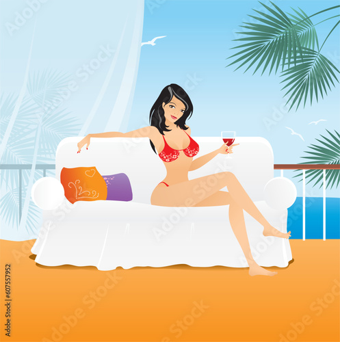 Woman on couch, drinking wine, in a sea-view room. Nice illustration for relaxation, making feel like summer, warm days, vacation, youth, royal hotel etc.
