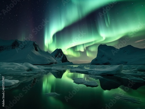 green aurora borealis, morthern lights over ice and snow landscape, generative ai