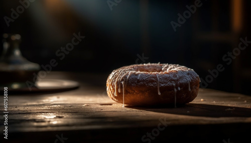 Freshly baked donuts on rustic wooden table generated by AI