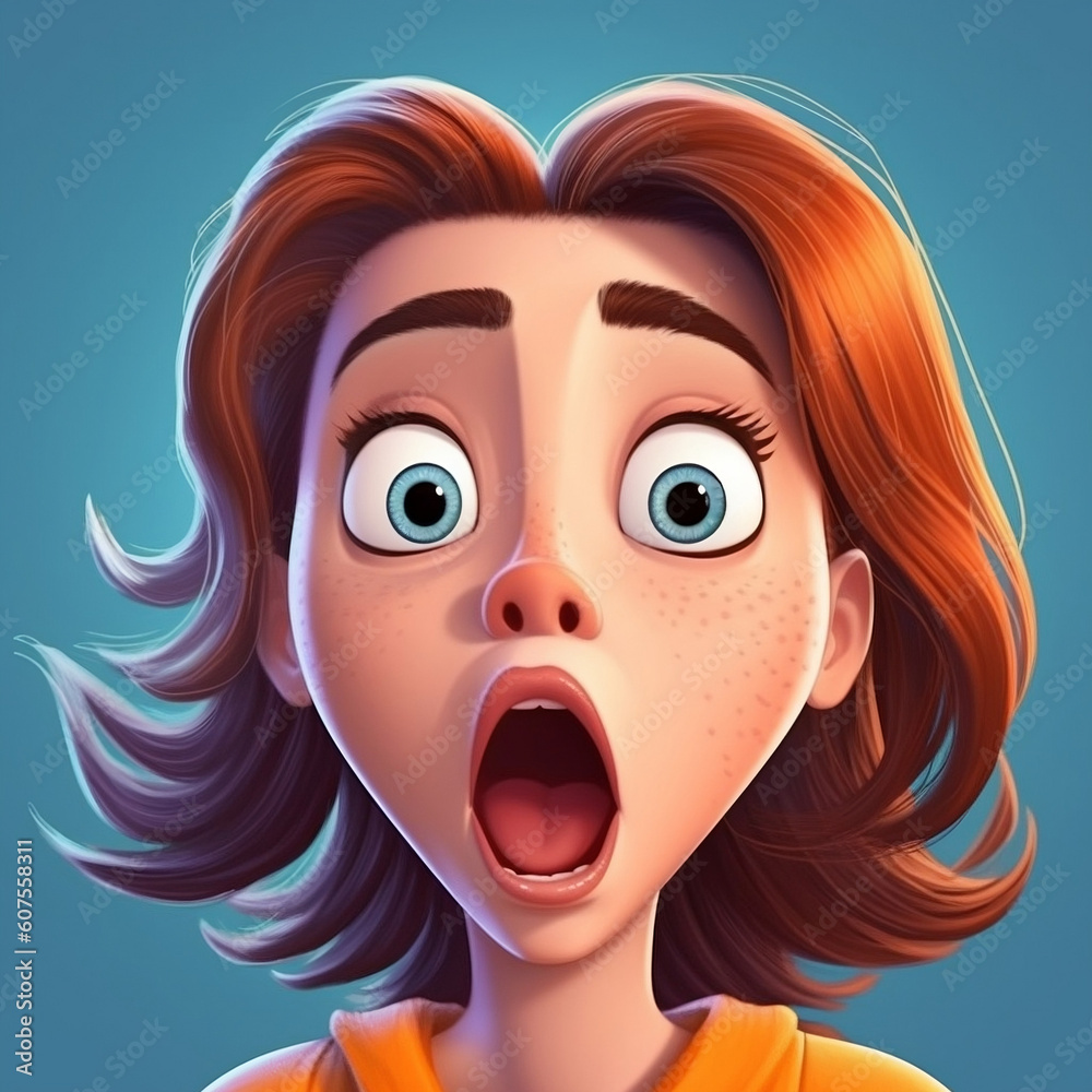 Startled 3D Cartoon Woman with Expressive Face and Bold Colors, generative AI
